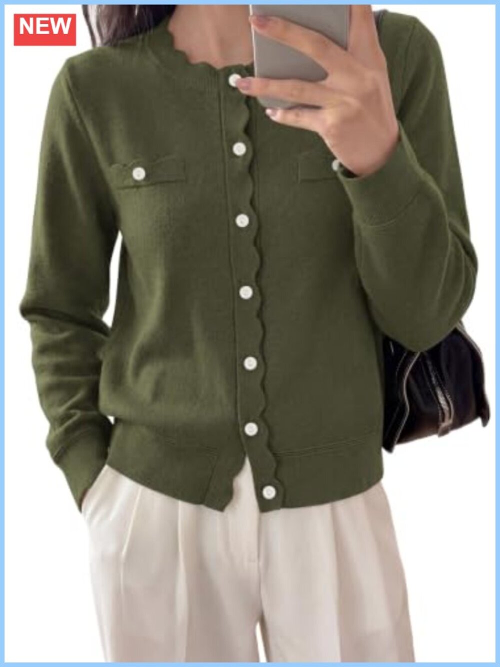 Womens Lightweight Knit Cardigan Sweater Scalloped Trim Pearl Buttons